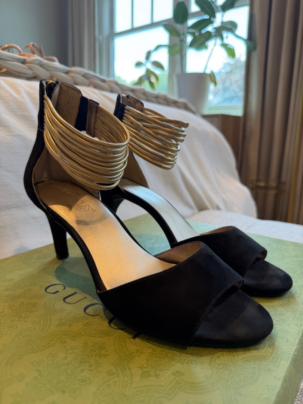 AEROSOLES Black and Gold Strappy Ankle-Heel Sandals